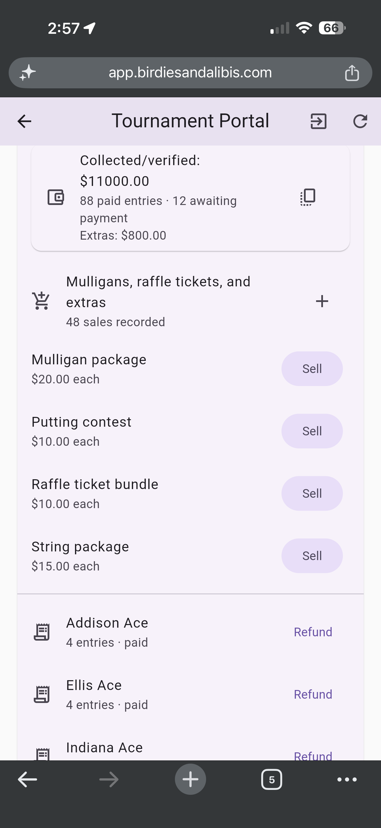 Tournament operations with extras and payment records