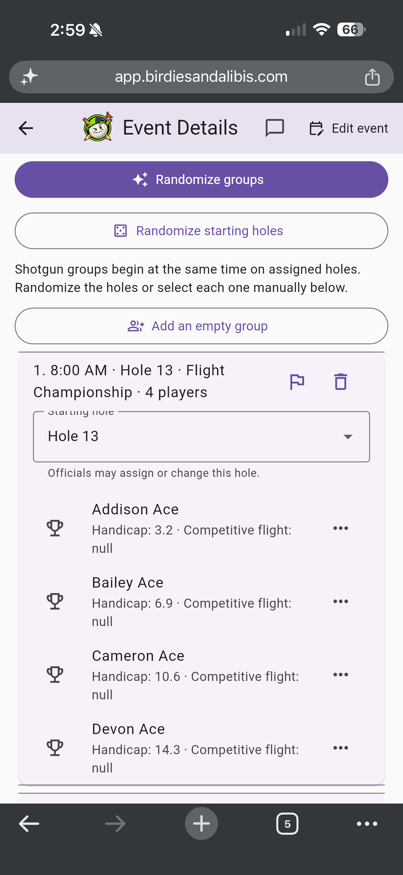 Tournament groups with shotgun starting-hole assignments